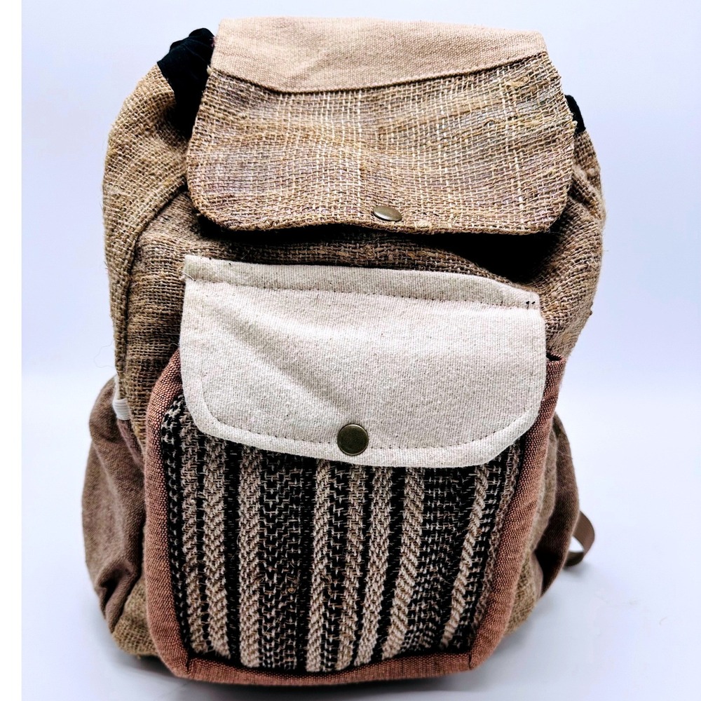 Boho Hemp‎ Jute Backpack Brown Tan Striped Woven Hippie Rucksack Small Medium